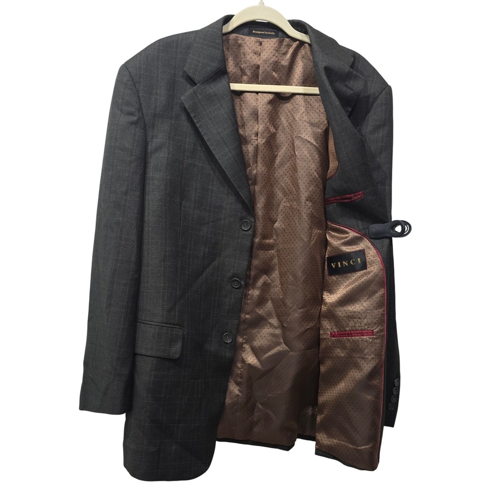 Vinci Mens Blazer 42R Charcoal Gray Windowpane Plaid 3 Button Suit Jacket